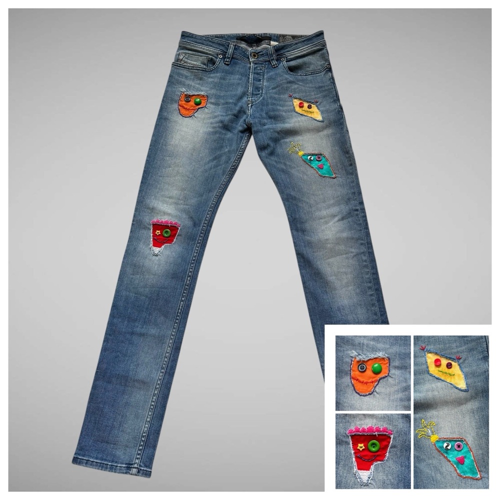 Diesel DNA Sleenker Slim Skinny Mens Jeans 28x30 Unique Custom Patch One Of Kind